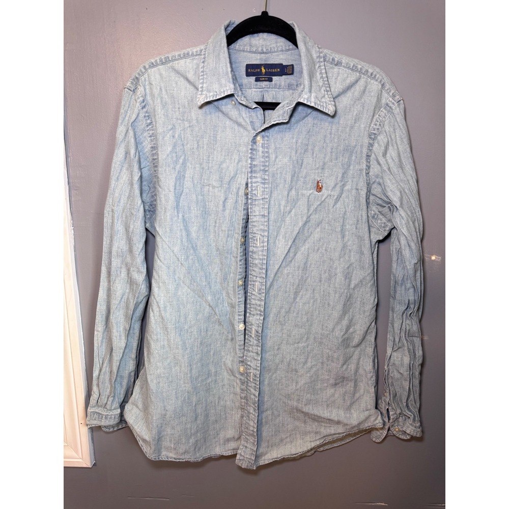 Ralph Lauren Mens Slim Fit Chambray Button Down Shirt Light Blue Large